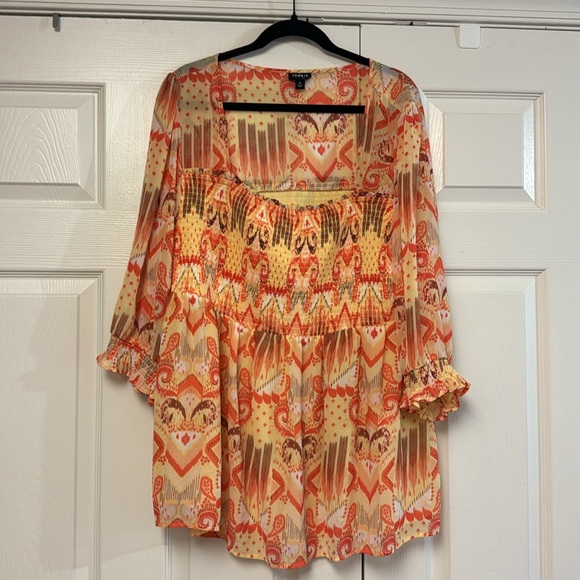 Torrid bright yellow orange Aztec print sheer 3/4 sleeve tunic top smocked 3X - Picture 2 of 8